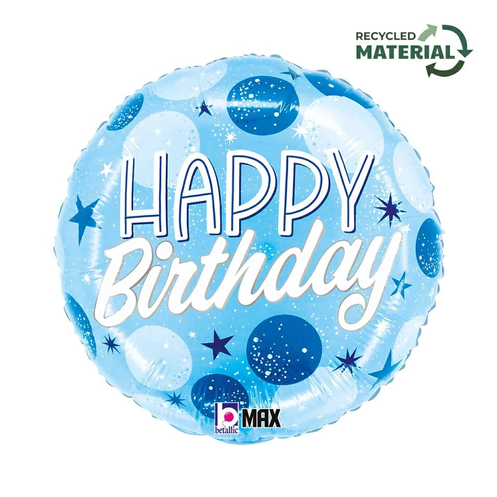 46 cm-es kék-fehér pöttyös Happy Birthday fólia lufi