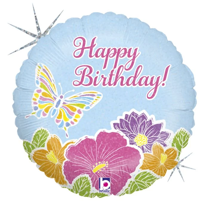 45 cm-es virágos pillangós Happy Birthday hologramos fólia lufi