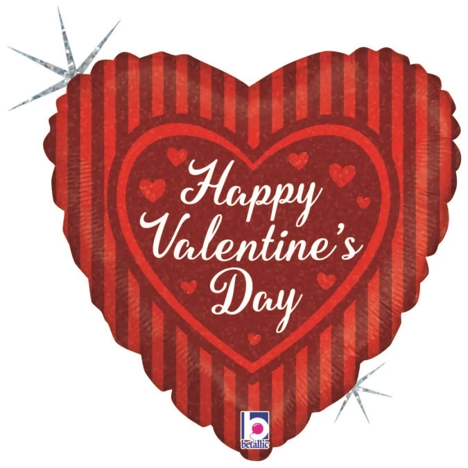 46 cm-es szív alakú, csíkos fólia lufi Happy Valentines Day felirattal