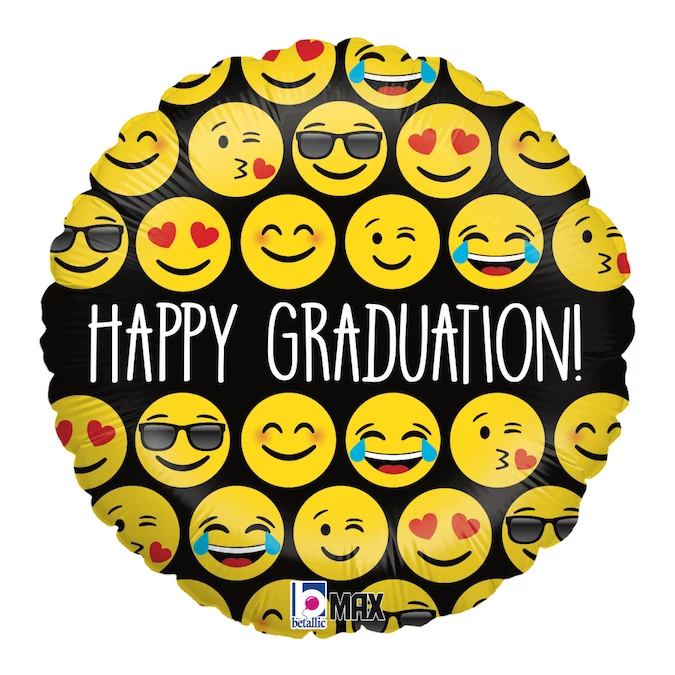 46 cm-es Happy Graduation! feliratú, Emoji mintás kerek fólia lufi