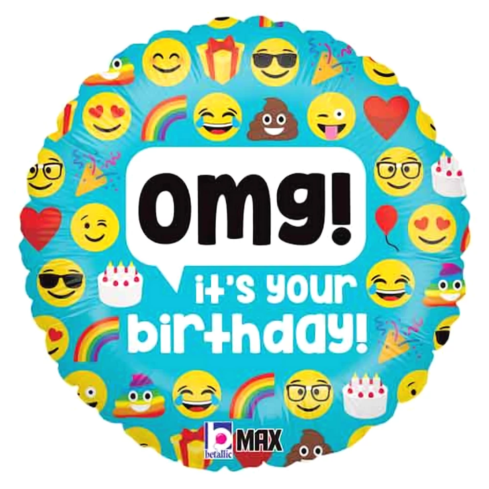 46 cm-es fólia lufi Emoji mintás, OMG! It's your birthday! felirattal