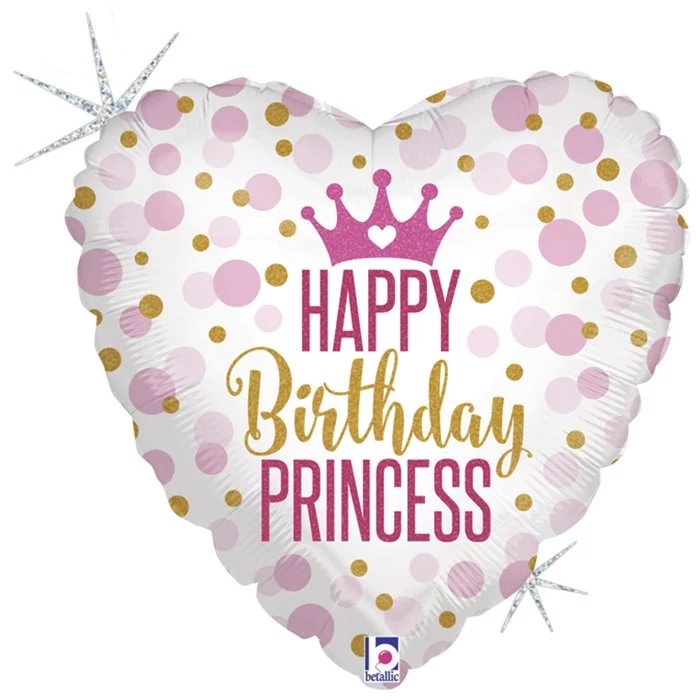 45 cm-es hologramos Happy Birthday Princess szív alakú fólia lufi