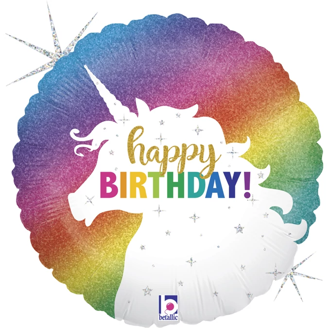 46 cm-es Happy Birthday feliratú unikornis, glitteres, hologrammos fólia lufi