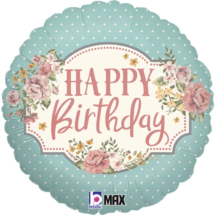 45 cm-es rózsás vintage Happy Birthday fólia lufi