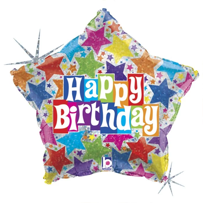 48 cm-es hologramos Happy Birthday csillag fólia lufi