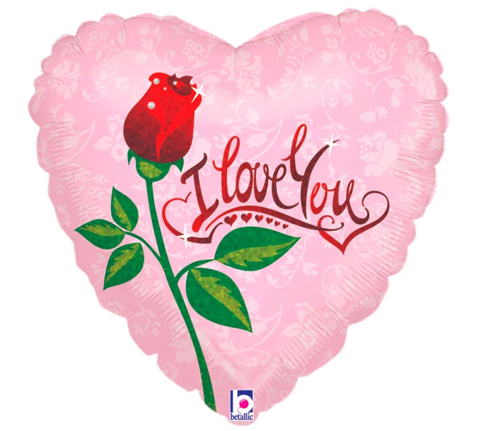 Szív alakú rózsás fólia lufi I love you felirattal - 46 cm