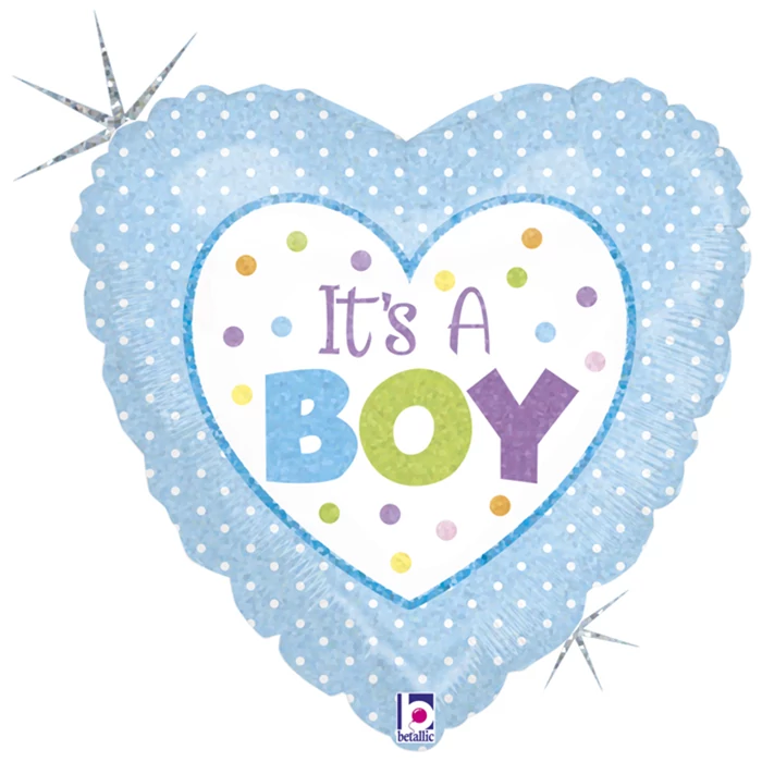 45 cm-es hologramos It's A Boy kék pöttyös szív alakú fólia lufi