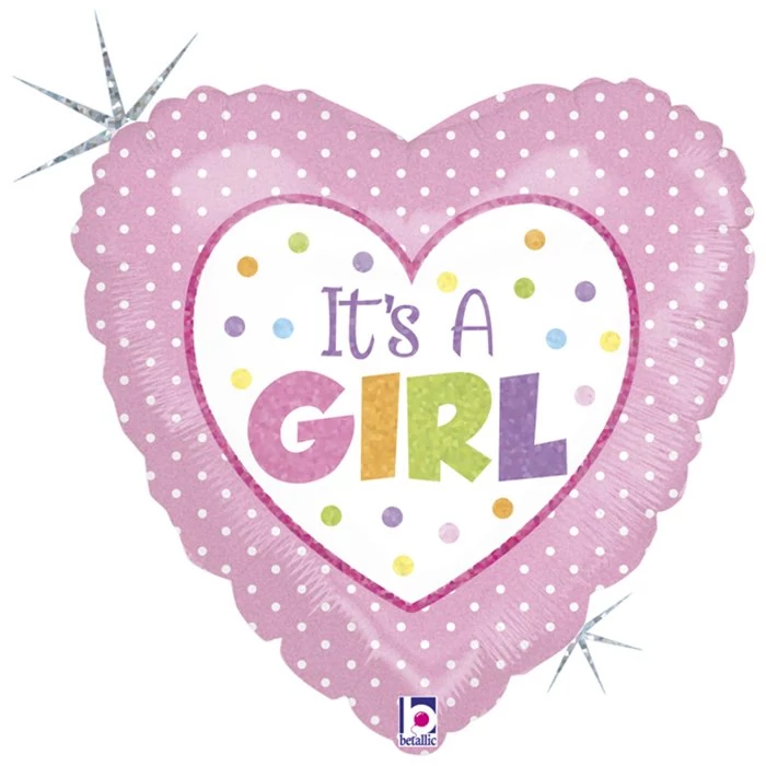 45 cm-es hologramos It's A Girl pink pöttyös szív alakú fólia lufi