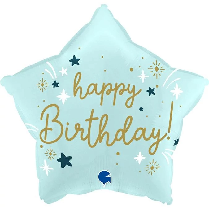 Tüzijátékos Happy Birthday csillag alakú kék fólia lufi