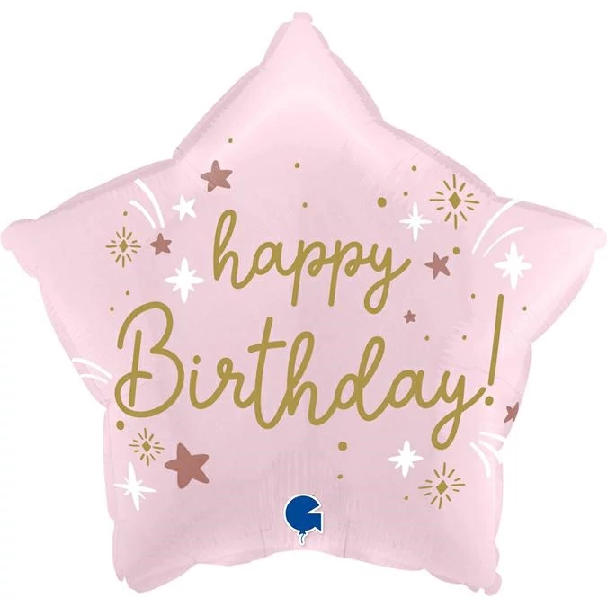 Tüzijátékos Happy Birthday csillag alakú rózsaszín fólia lufi