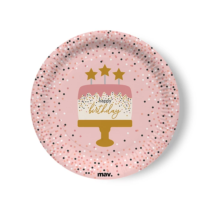 Happy Birthday konfettis rózsaszín tányér - 22,7 cm, 8 db / csomag