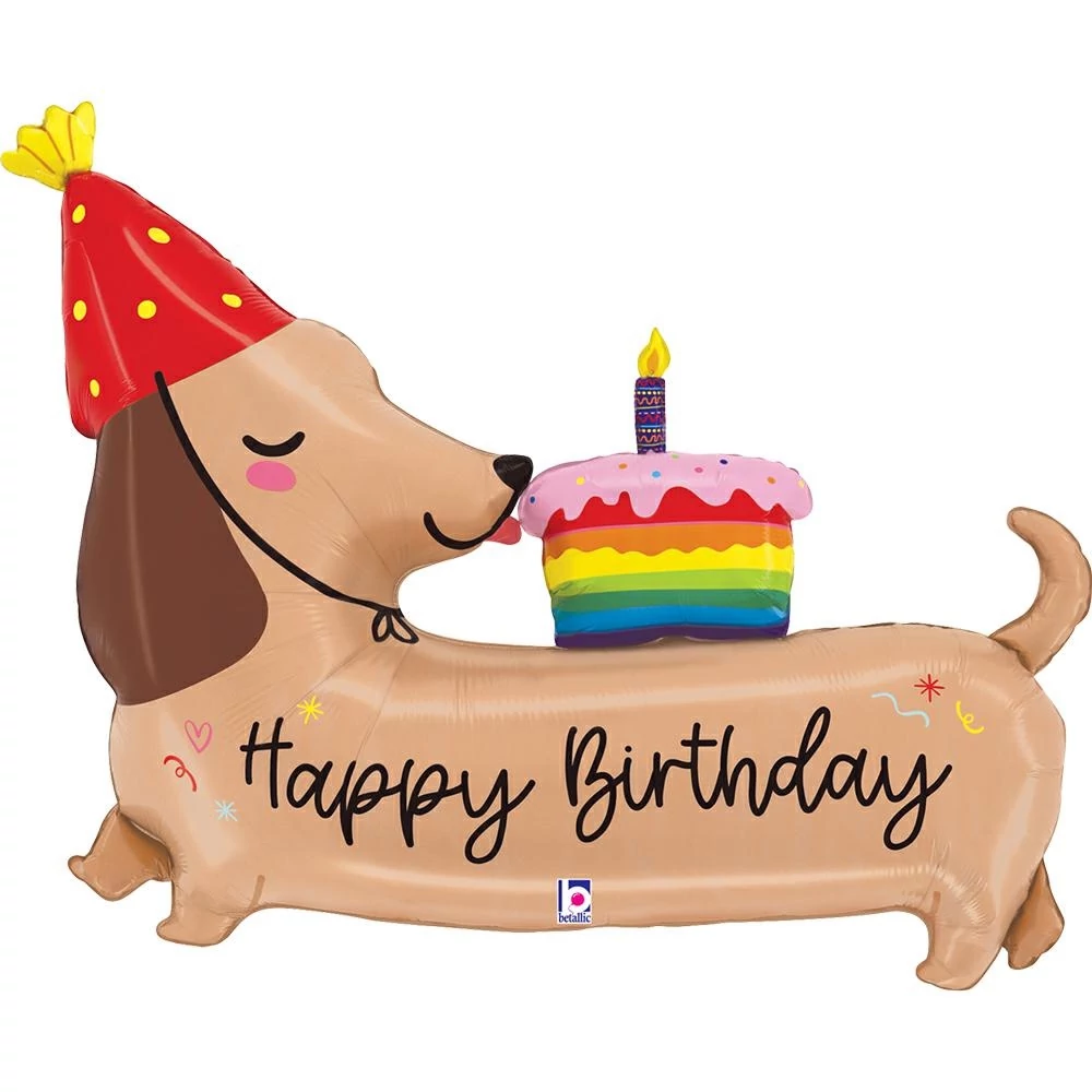 Tortás tacskó Happy Birthday fólia lufi