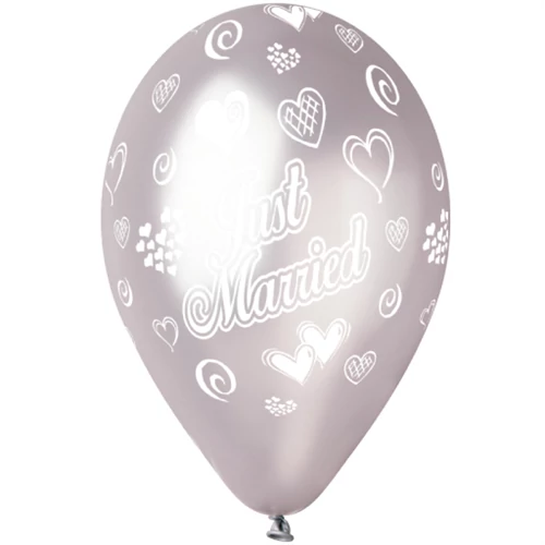 30 cm-es Just Married szivecskés prl ezüst printelt léggömb 10 db/cs.