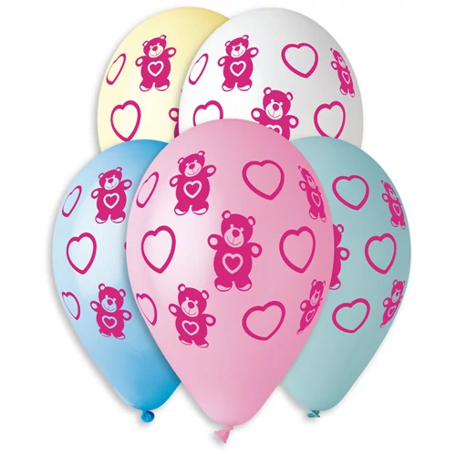 30 cm-es szíves Teddy macis gumi léggömb - 10 db / csomag