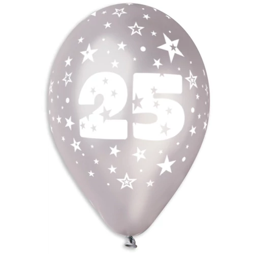 33 cm-es metál ezüst színű 25-ös szám printelt gumi léggömb - 10 db / csomag
