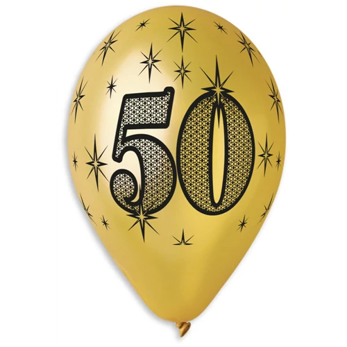 33 cm-es metál arany színű, csillagos 50-es szám printelt gumi léggömb, 10 db