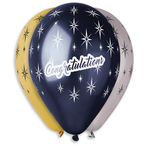 33 cm-es metál csillagos Congratulations printelt gumi léggömb 3 színben - 10 db / csomag