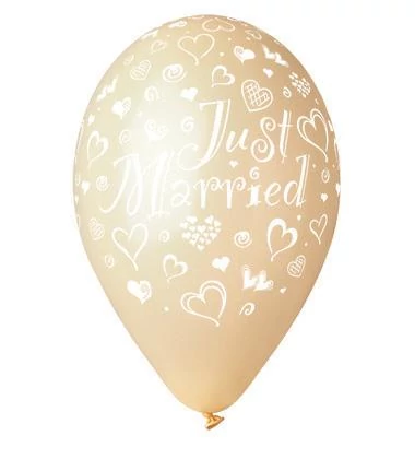 33 cm-es szives metál mustár Just Married printelt gumi léggömb - 10 db / csomag
