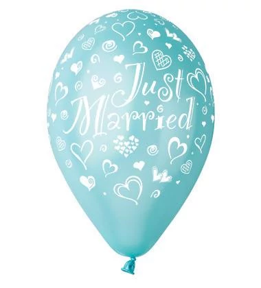 33 cm-es szives metál világoskék Just Married printelt gumi léggömb - 10 db / csomag