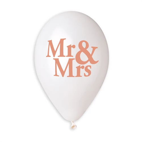 33 cm-es metál fehér Mr. & Mrs. Printelt gumi léggömb 10 db/cs.