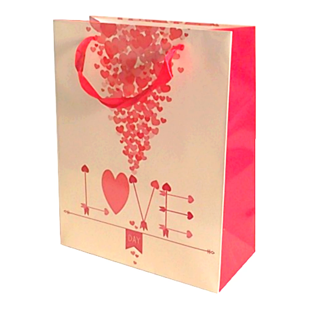 Ajándéktasak - krém/piros love felirattal, 26 x 32 cm