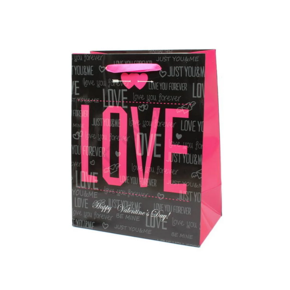 Ajándéktasak - fekete/pink love felirattal, 18 x 23 cm