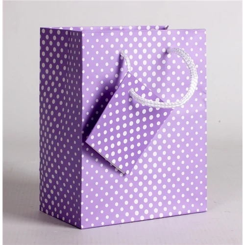 Dísztasak lila-fehér pöttyös 14x11cm