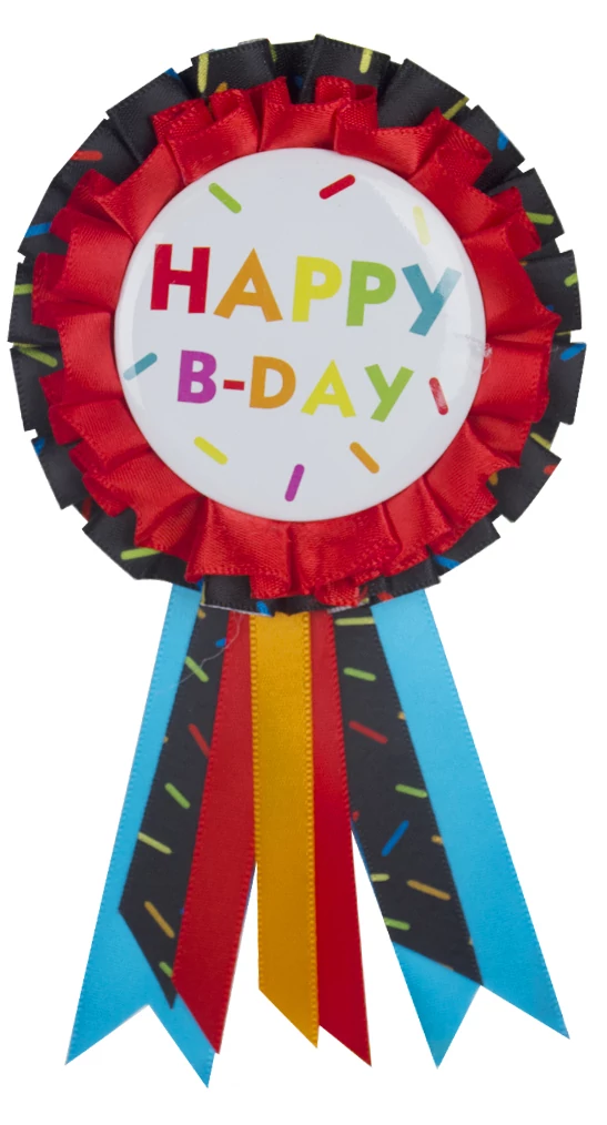 Happy B-day színes szalagos kitűző - 15 xm x 7,5 cm