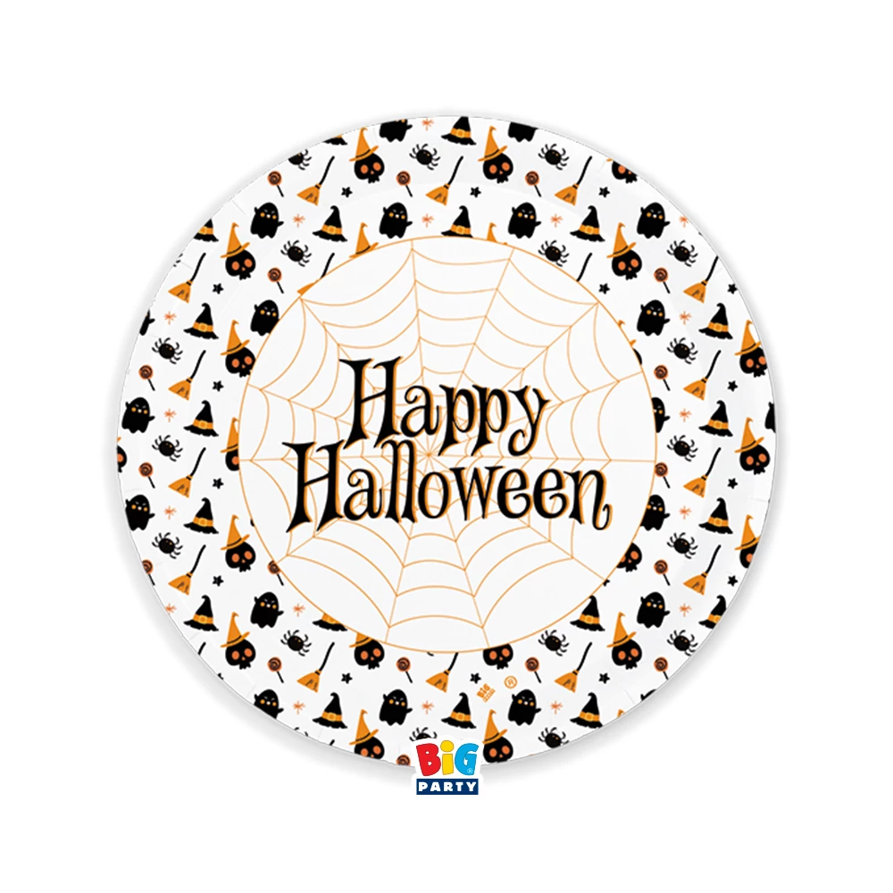 Tányér Halloweenre - tök, szellem, seprű - 20,5 cm, 6 db / csomag