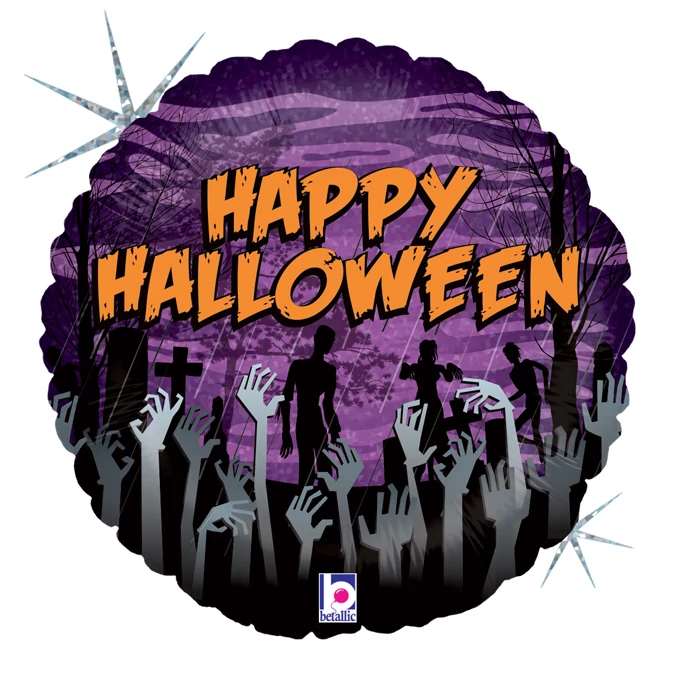 46 cm-es Happy Halloween feliratú zombi kezes, hologrammos fólia lufi