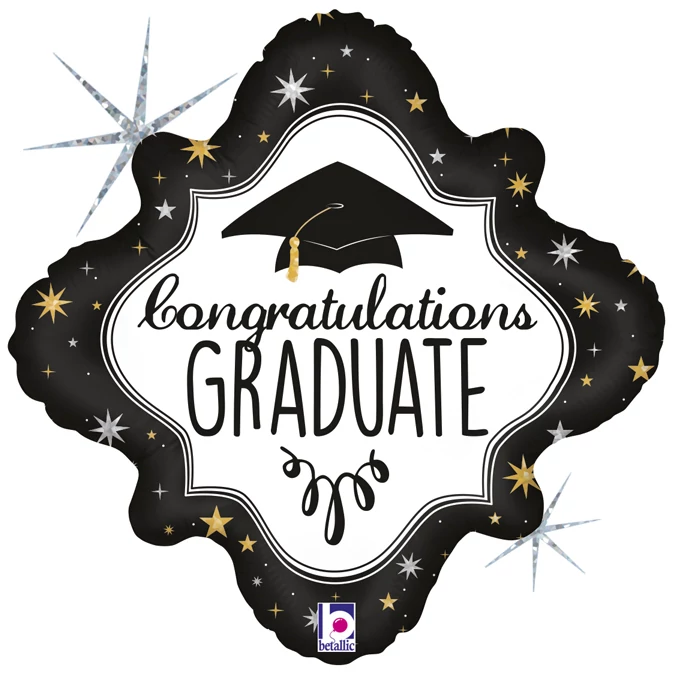 45 cm-es Congratulations Graduate feliratú, hologrammos fekete-fehér, forma fólia lufi