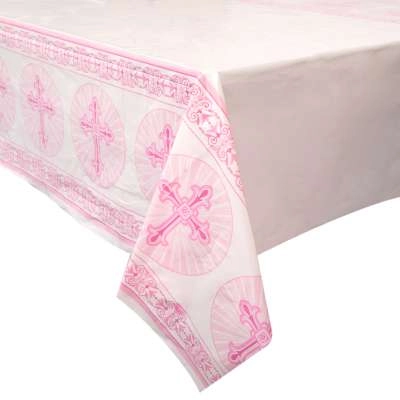 Pink-fehér asztalterítő kereszttel, 137 x 210 cm
