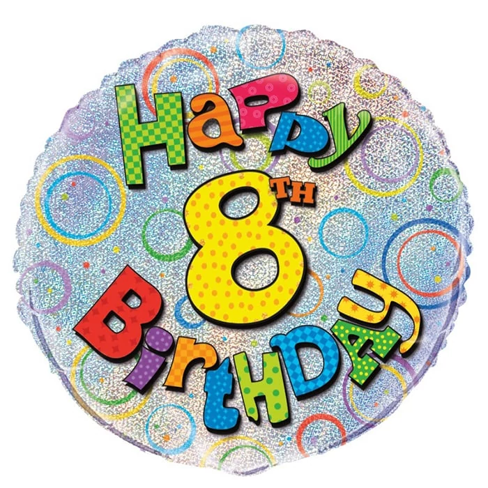 45 cm-es Happy 8th Birthday prizmás fólia lufi