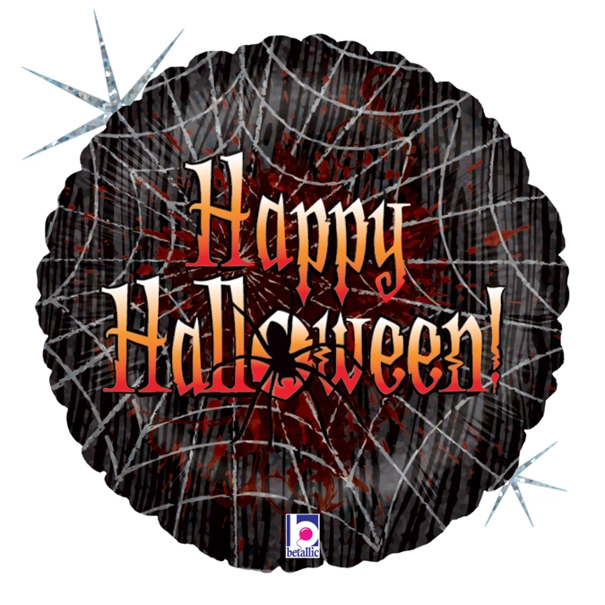 46 cm-es Happy Halloween feliratú, pókhálós, hologrammos fólia lufi