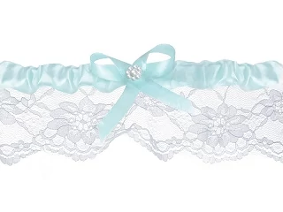 Világoskék-fehér combcsipke kék masnival, gyönggyel 5,8 cm