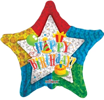 JumboShape -  Happy Birthday prizmás csillag alakú fólia lufi