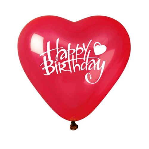 25 cm-es piros, szív alakú gumi léggömb Happy Birthday felirattal, 10 db