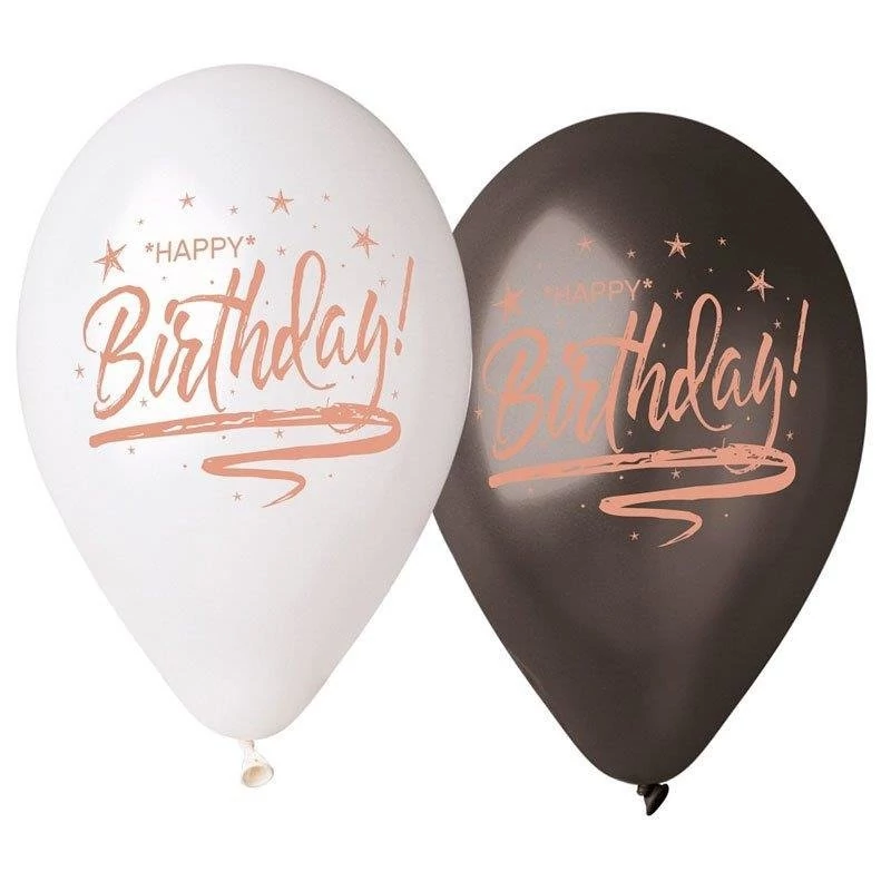 33 cm-es Happy Birthday metál fekete-fehér rosegold printeléssel gumi léggömb - 10 db / csomag