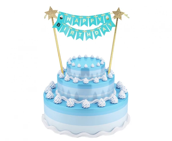 Happy Birthday tortadekoráció világoskék zászlókkal - 25 cm