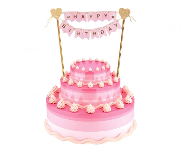 Happy Birthday tortadekoráció rózsaszín zászlókkal - 25 cm