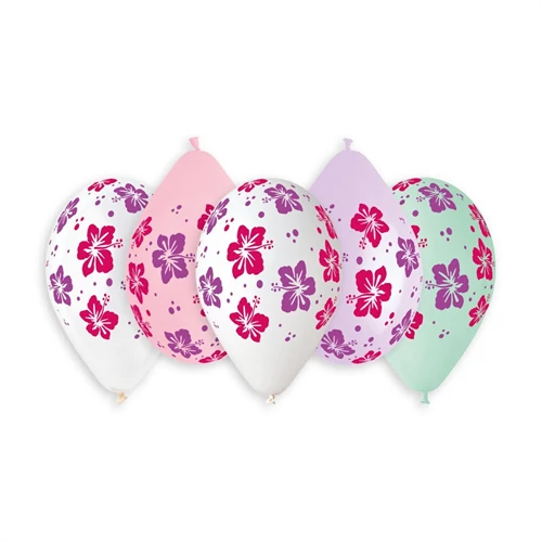 33 cm-es színes hibiszkusz printelt gumi léggömb 50 db/cs.